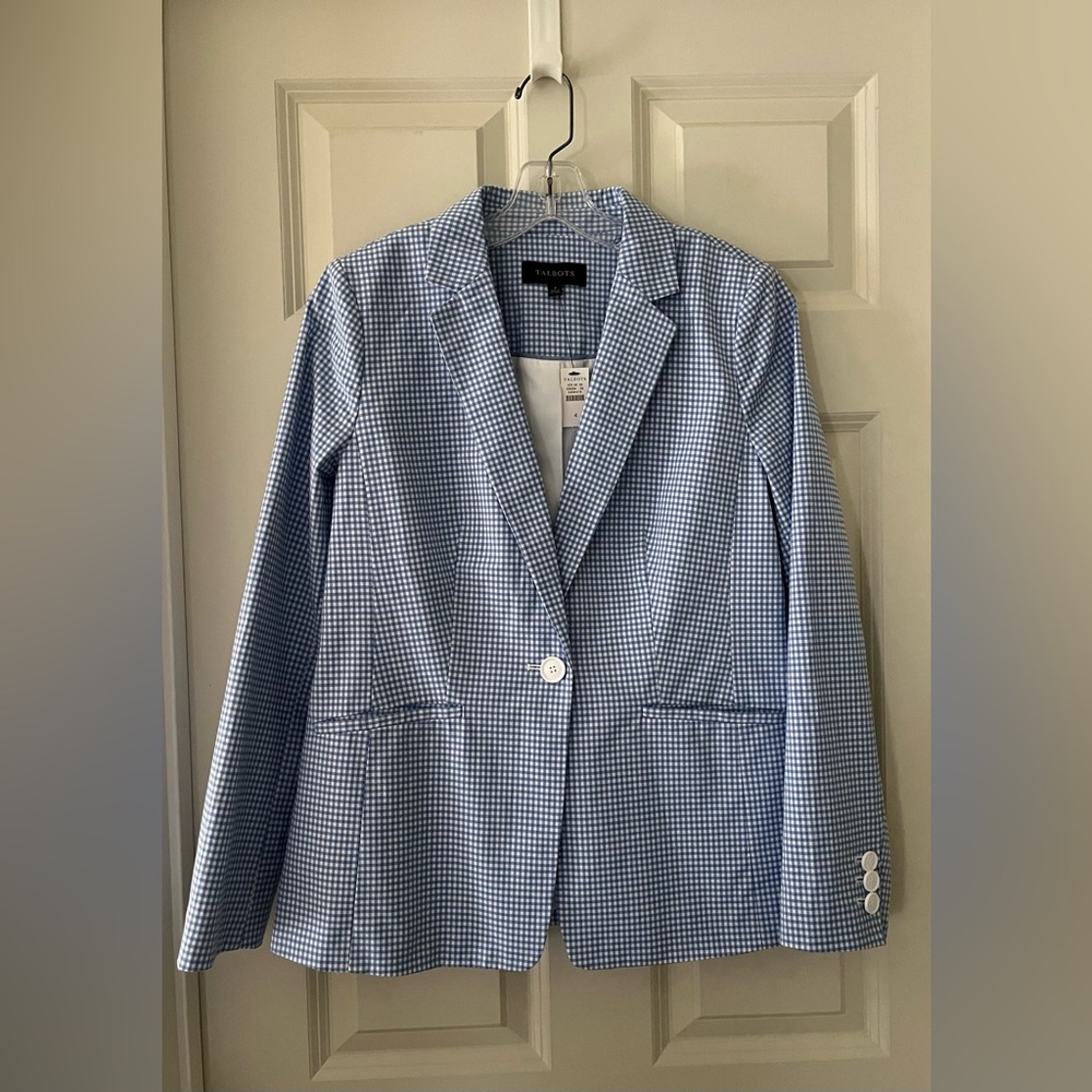 NWT Talbots Gingham Blue & White Single Button Blazer Cotton Preppy Summer 4